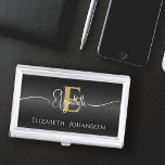 Elegant Black Brushed Metal Girly Gold Monogrammed Business Card Case<br><div class="desc">Elevate your networking game with our 'Elegant Black Brushed Metal Girly Gold Monogrammed Business Card Case'! This sleek case offers sophistication and personalization, featuring a brushed metallic black background, a bold gold monogram, and a chic white girly script name. Personalize it further by adding your full name below the monogram....</div>