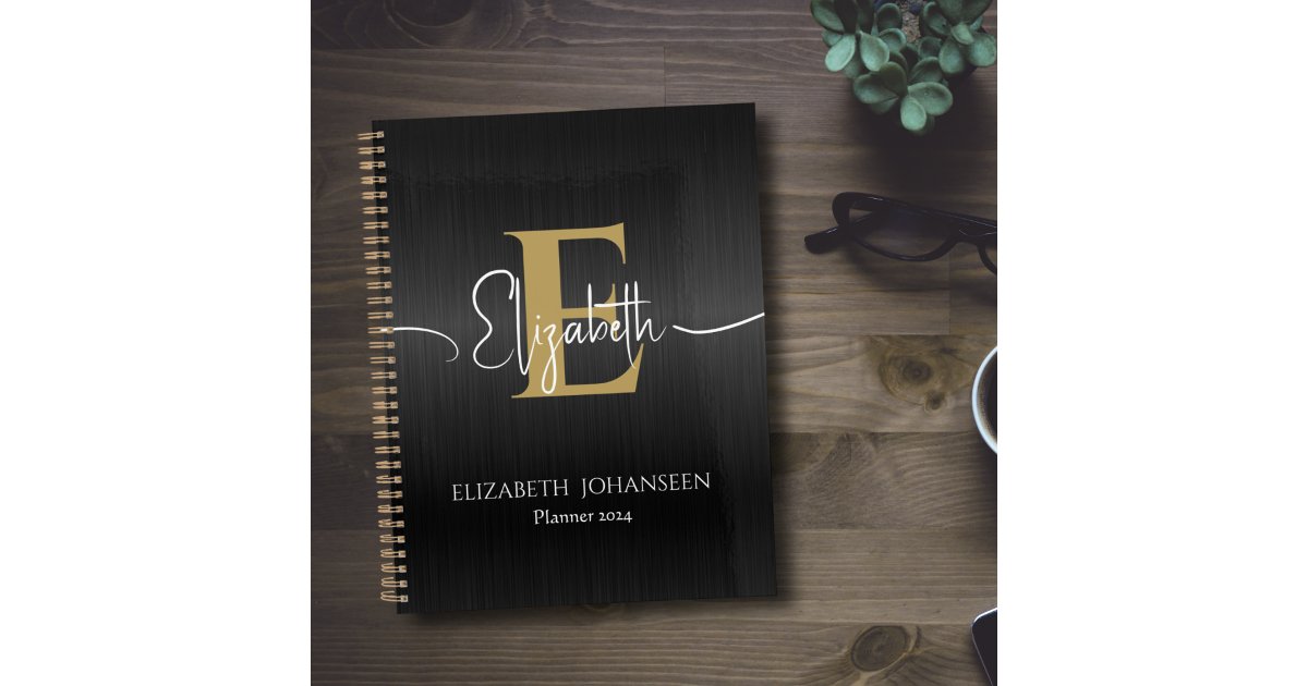 Elegant Black Brushed Metal Gold Monogram Diary Planner | Zazzle
