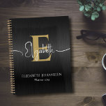 Elegant Black Brushed Metal Gold Monogram Diary Planner<br><div class="desc">Stay organized in style with our Elegant Black Brushed Metal Gold Monogram Diary Planner! Featuring a sophisticated black brushed metal background texture, this planner offers personalized touches for a truly luxurious experience. Personalize your monogram in bold gold typography at the center, with your name elegantly written in white script typography....</div>