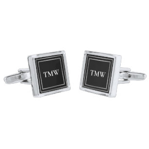Elegant Black Brushed Metal Look White Monogram Cufflinks