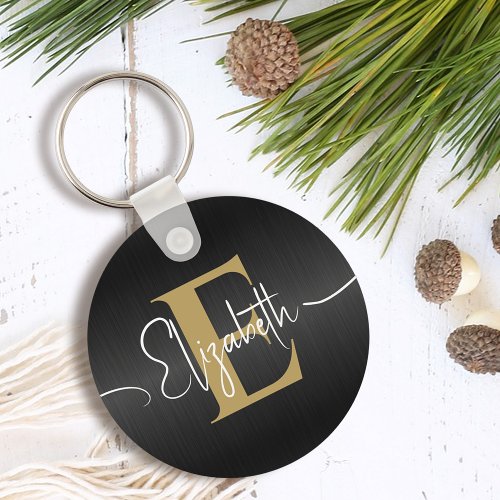 Elegant Black Brushed Metallic Gold Monogrammed Keychain