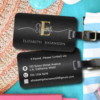 Elegant Black Brushed Metallic Gold Monogrammed Luggage Tag