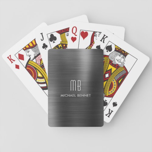 Elegant Black Brushed Metallic Monogram Name Poker Cards