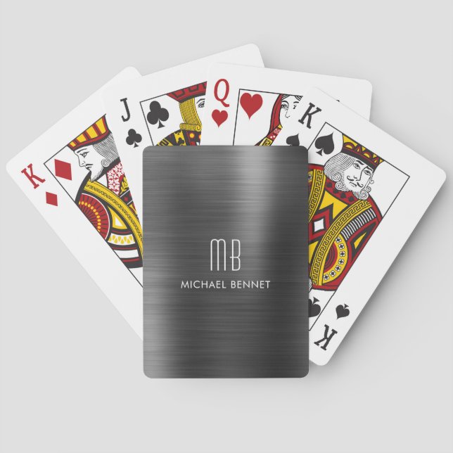 Elegant Black Brushed Metallic Monogram Name Poker Cards (Back)
