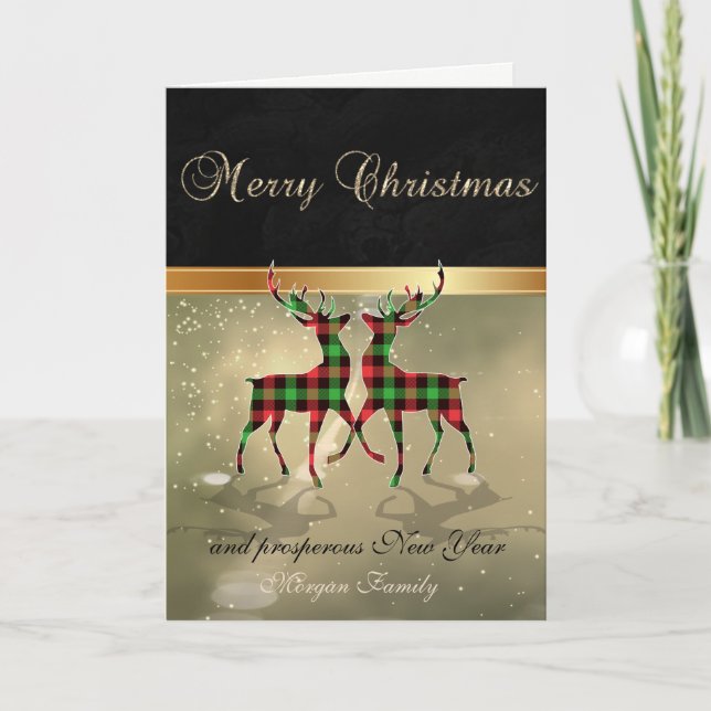 Elegant  Black,Buffalo Plaid Christmas Deers Holiday Card (Front)