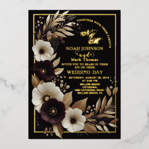 Elegant Black Burgundy and Gold Floral Boho Foil Invitation