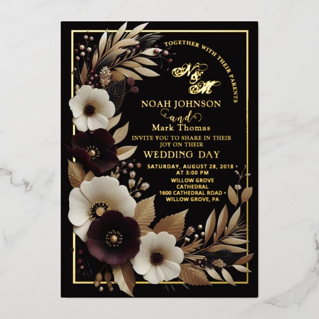  Elegant Black Burgundy and Gold Floral Boho  Foil Invitation (Front)