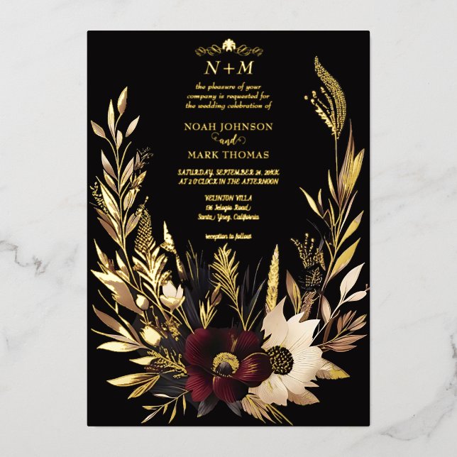 Elegant Black Burgundy and Gold Floral Boho  Foil Invitation (Front)