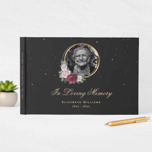 Elegant Black Burgundy Blush Floral Funeral Photo Guest Book