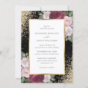 Elegant Black Burgundy Blush Gold Floral Wedding Invitation