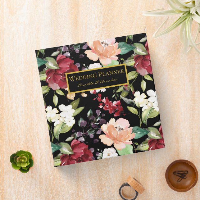 Elegant Black Burgundy Blush White Floral Pattern  3 Ring Binder (In Situ)