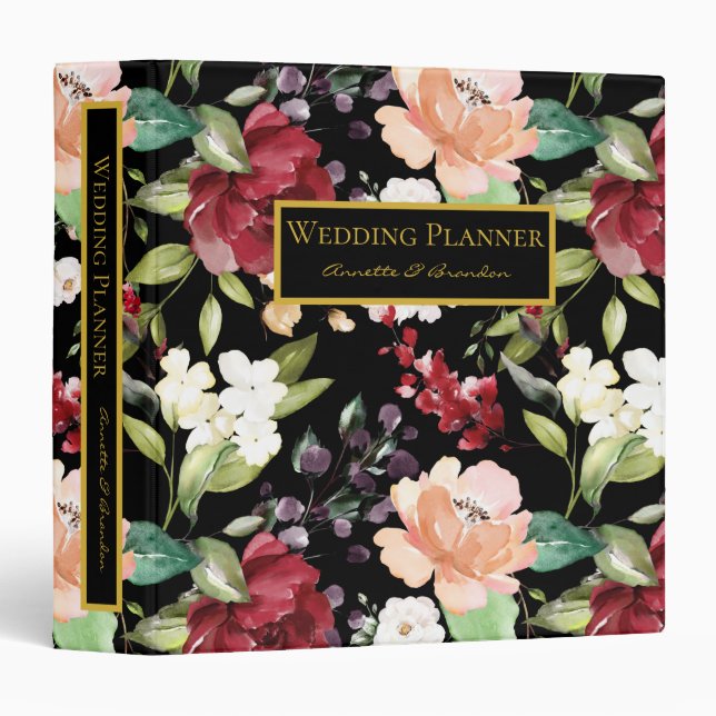 Elegant Black Burgundy Blush White Floral Pattern  3 Ring Binder (Front/Spine)