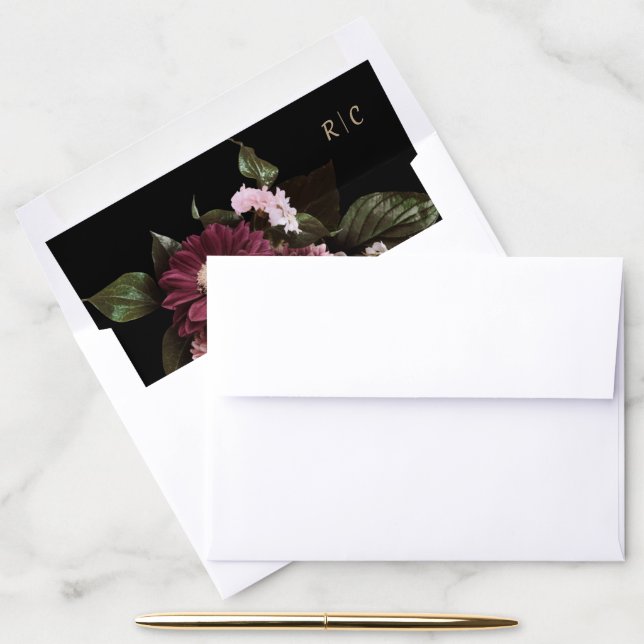 Elegant Black Burgundy Floral Wedding Envelope Liner (Desk)