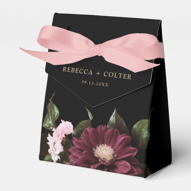 Elegant Black Burgundy Floral Wedding Favor Boxes (Front Side)