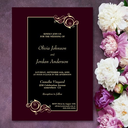 Elegant Black Burgundy Gold Wedding Invitation