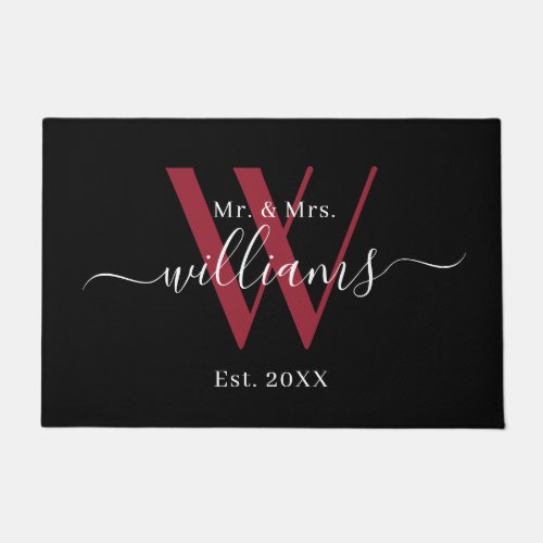 Elegant Black Burgundy Mr And Mrs Monogram Name Doormat