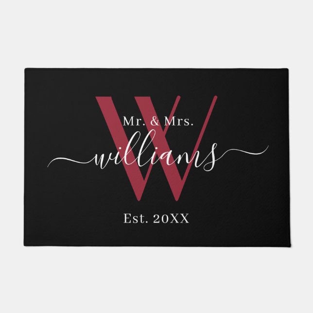 Elegant Black Burgundy Mr And Mrs Monogram Name Doormat (Front)