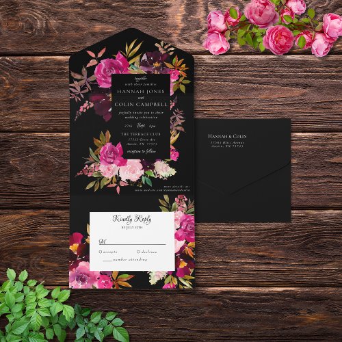 Elegant Black Burgundy Pink Floral Frame All In On All In One Invitation