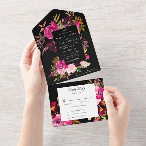 Elegant Black Burgundy Pink Floral Frame All In One Invitation