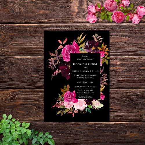 Elegant Black Burgundy Pink Floral Frame Invitation