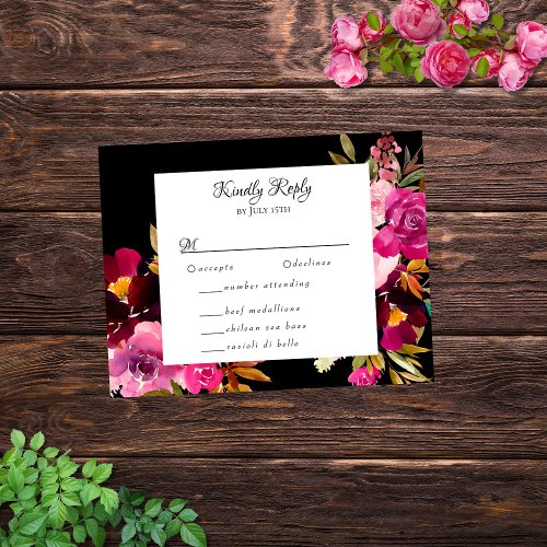Elegant Black Burgundy Pink Floral Frame RSVP Card