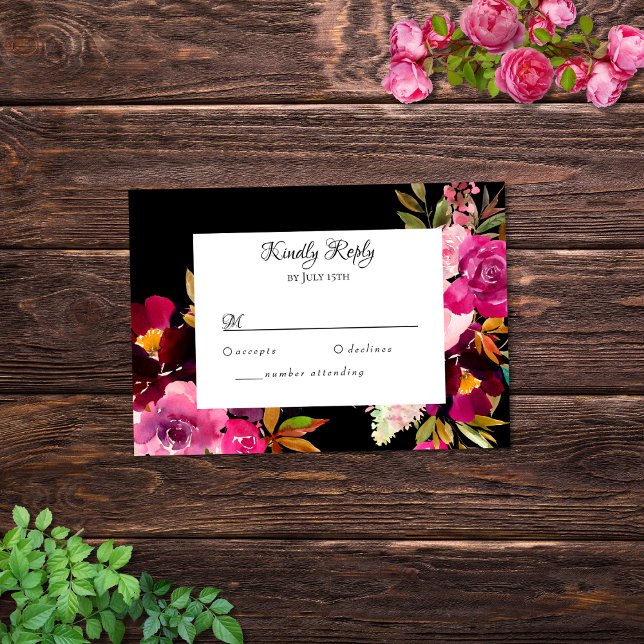 Elegant Black Burgundy Pink Floral Frame RSVP Card (Creator Uploaded)