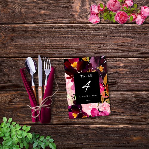 Elegant Black Burgundy Pink Floral Frame Table Number