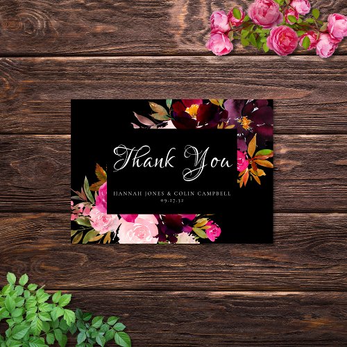 Elegant Black Burgundy Pink Floral Frame Thank You Card