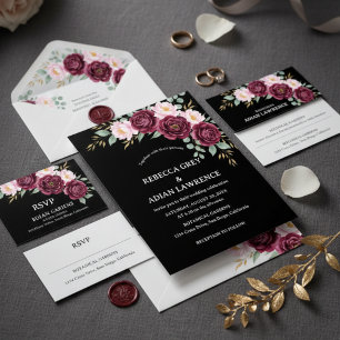 Elegant Black & Burgundy Pink Floral Wedding  Invitation