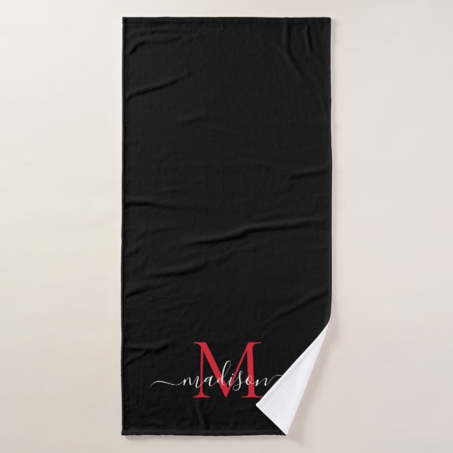 Elegant Black Burgundy Red Monogram Script Name Bath Towel (Bath Towel)