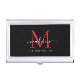 Elegant Black Burgundy Red Monogram Script Name Business Card Case