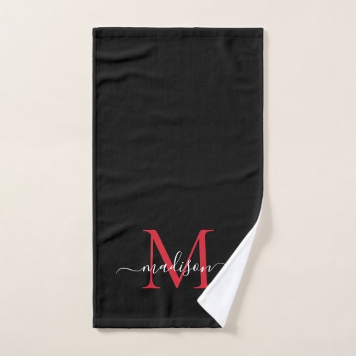 Elegant Black Burgundy Red Monogram Script Name Hand Towel