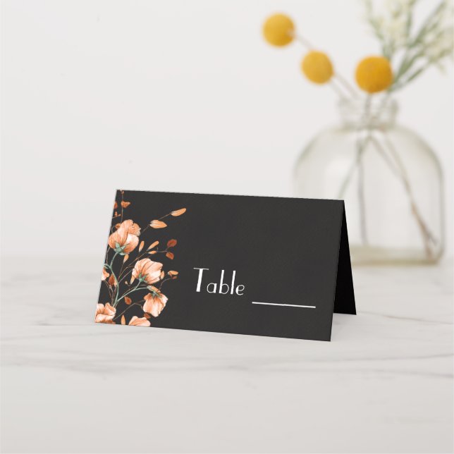 Elegant Black Burnt Orange Floral Fall Wedding Place Card (Front)