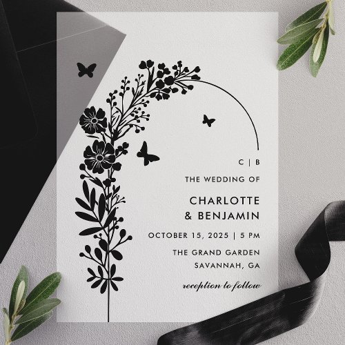 Elegant Black Butterfly Botanical Wedding Vellum Invitations