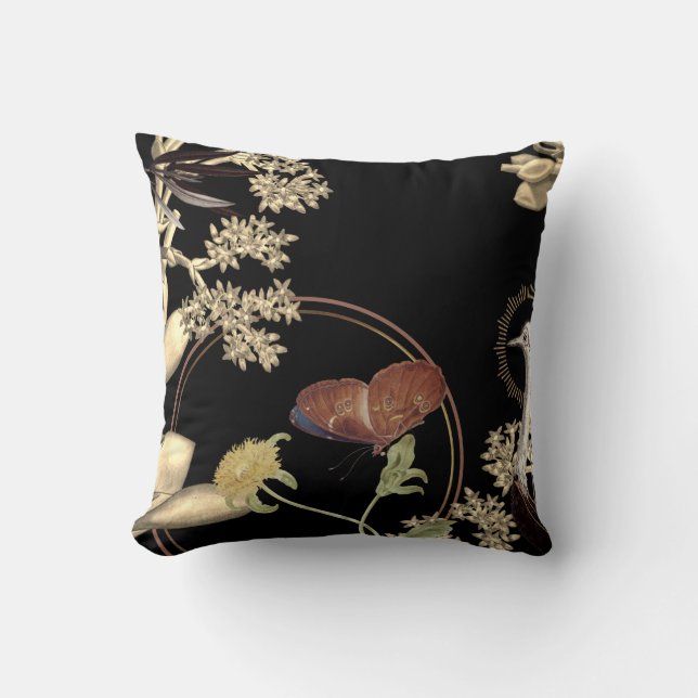 Elegant Black Butterfly Floral Design Throw Pillow (Front)