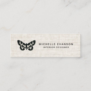Elegant Black Butterfly Logo Tan Linen Look Mini Business Card