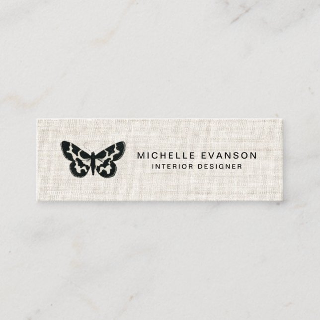Elegant Black Butterfly Logo Tan Linen Look Mini Business Card (Front)