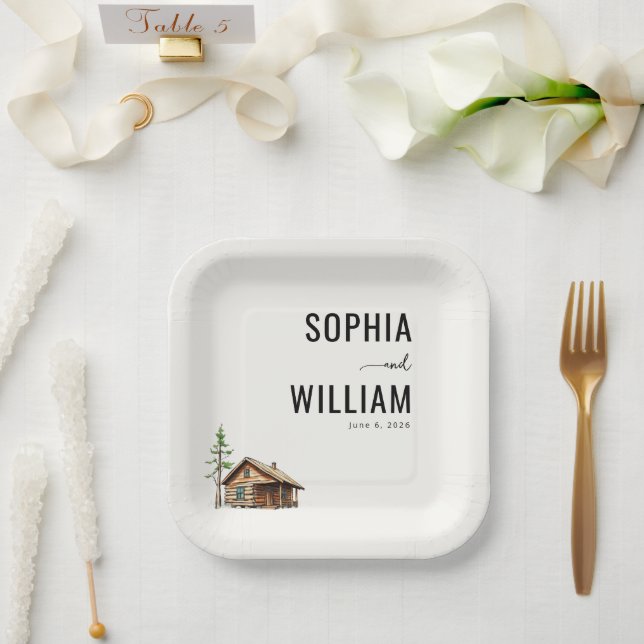 Elegant Black Cabin Illustration Paper Plates (Wedding)