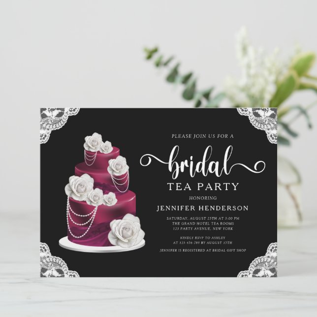 Elegant Black Cake And Lace Bridal Tea Party Invitation (Standing Front)