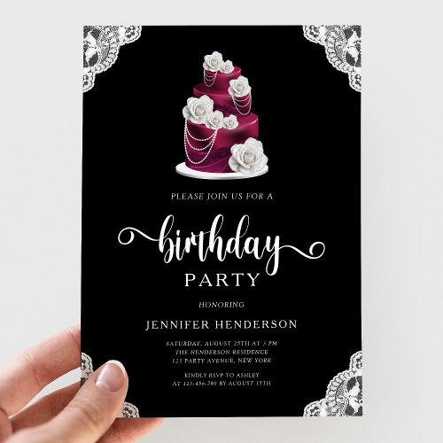 Elegant Black Cake  Lace Birthday Party Invitation