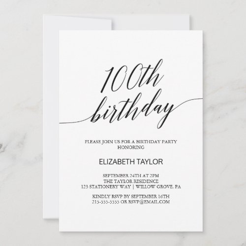 Elegant Black Calligraphy 100th Birthday Invitation