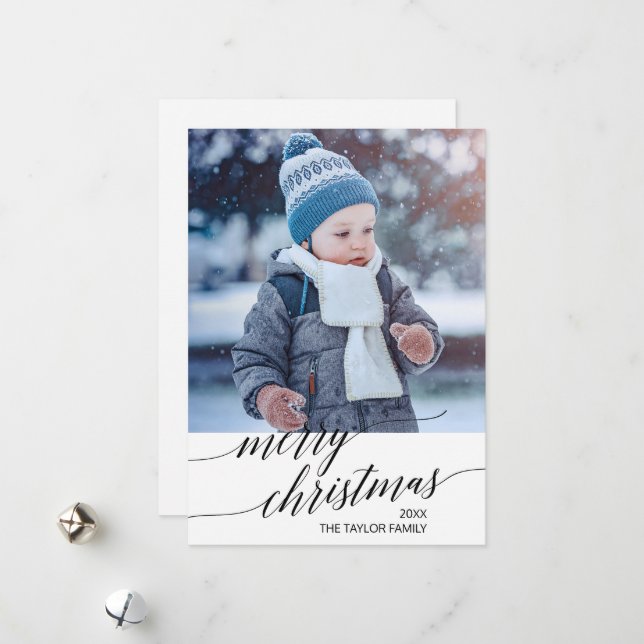 Elegant Black Calligraphy 1 Photo Year In Review  Holiday Card (Front/Back In Situ)