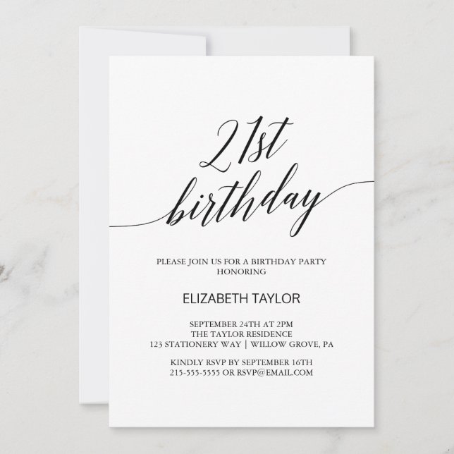 Elegant Black Calligraphy 21st Birthday Invitation (Front)