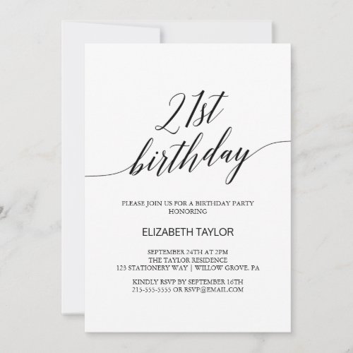 Elegant Black Calligraphy 21st Birthday Invitation