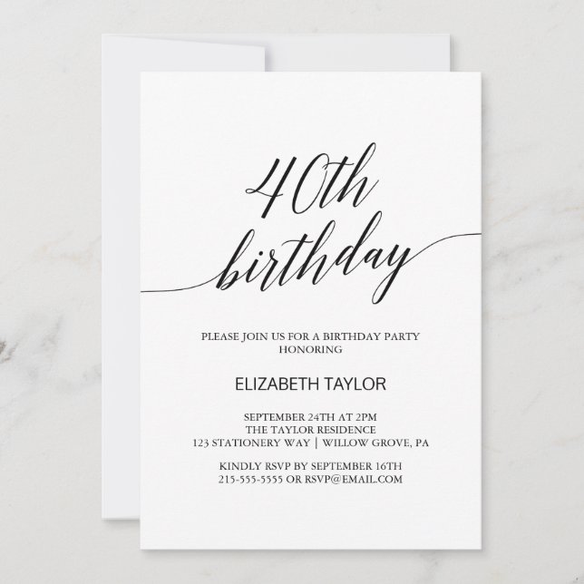 Elegant Black Calligraphy 40th Birthday Invitation (Front)