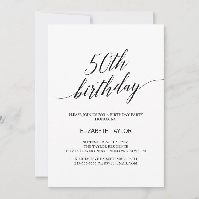 Elegant Black Calligraphy 50th Birthday Invitation (Front)