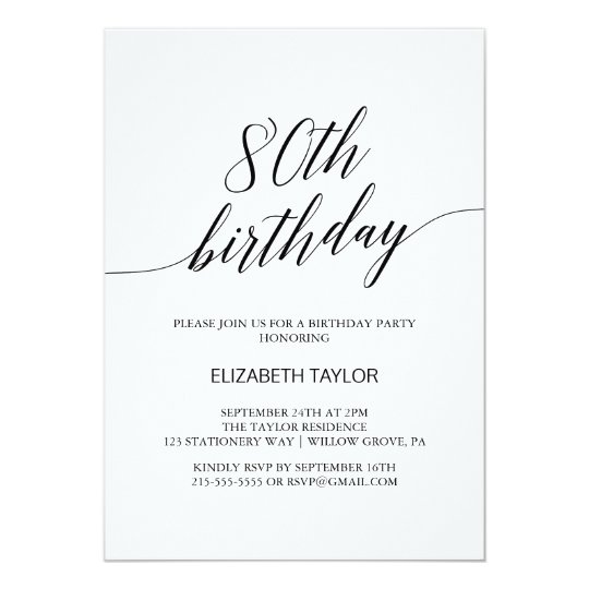Elegant Black Calligraphy 80th Birthday Invitation | Zazzle.com