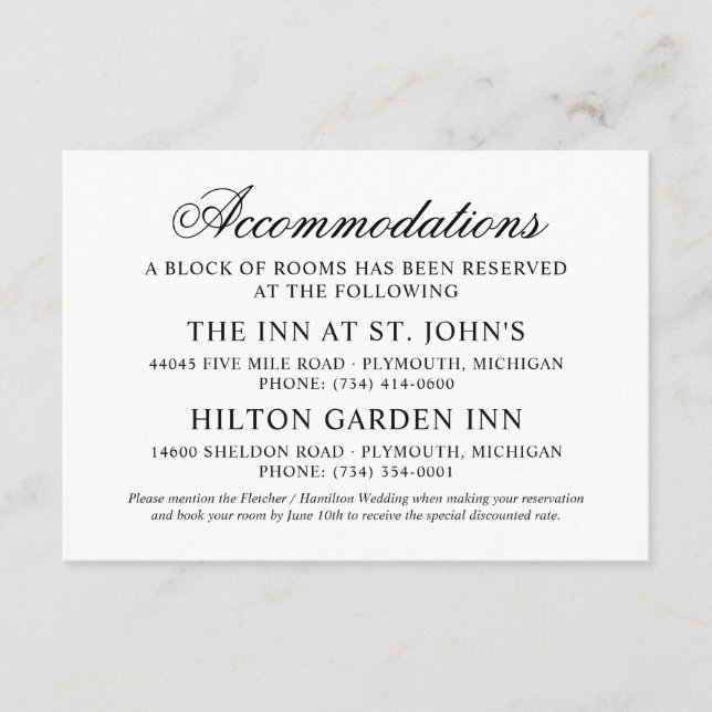 Elegant Black Calligraphy Accommodations Enclosure Card (Front)