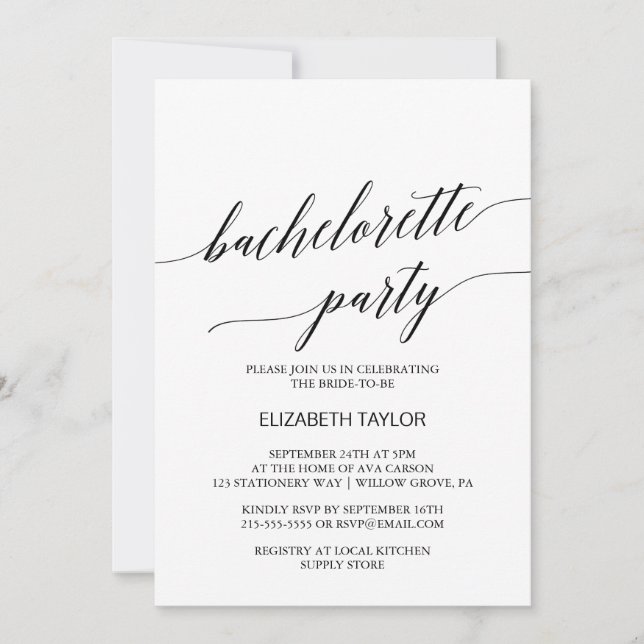 Elegant Black Calligraphy Bachelorette Party Invitation (Front)