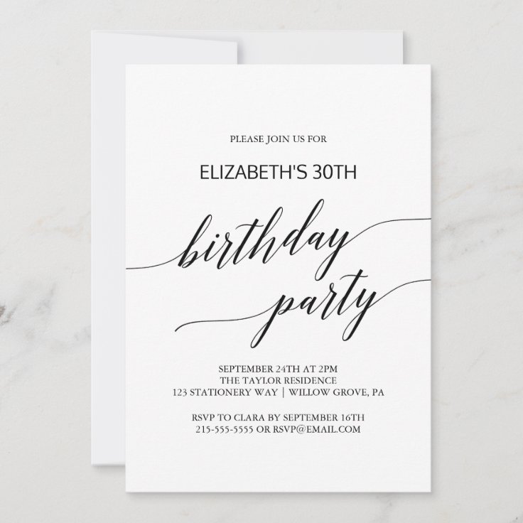 Elegant Black Calligraphy Birthday Party Invitation | Zazzle